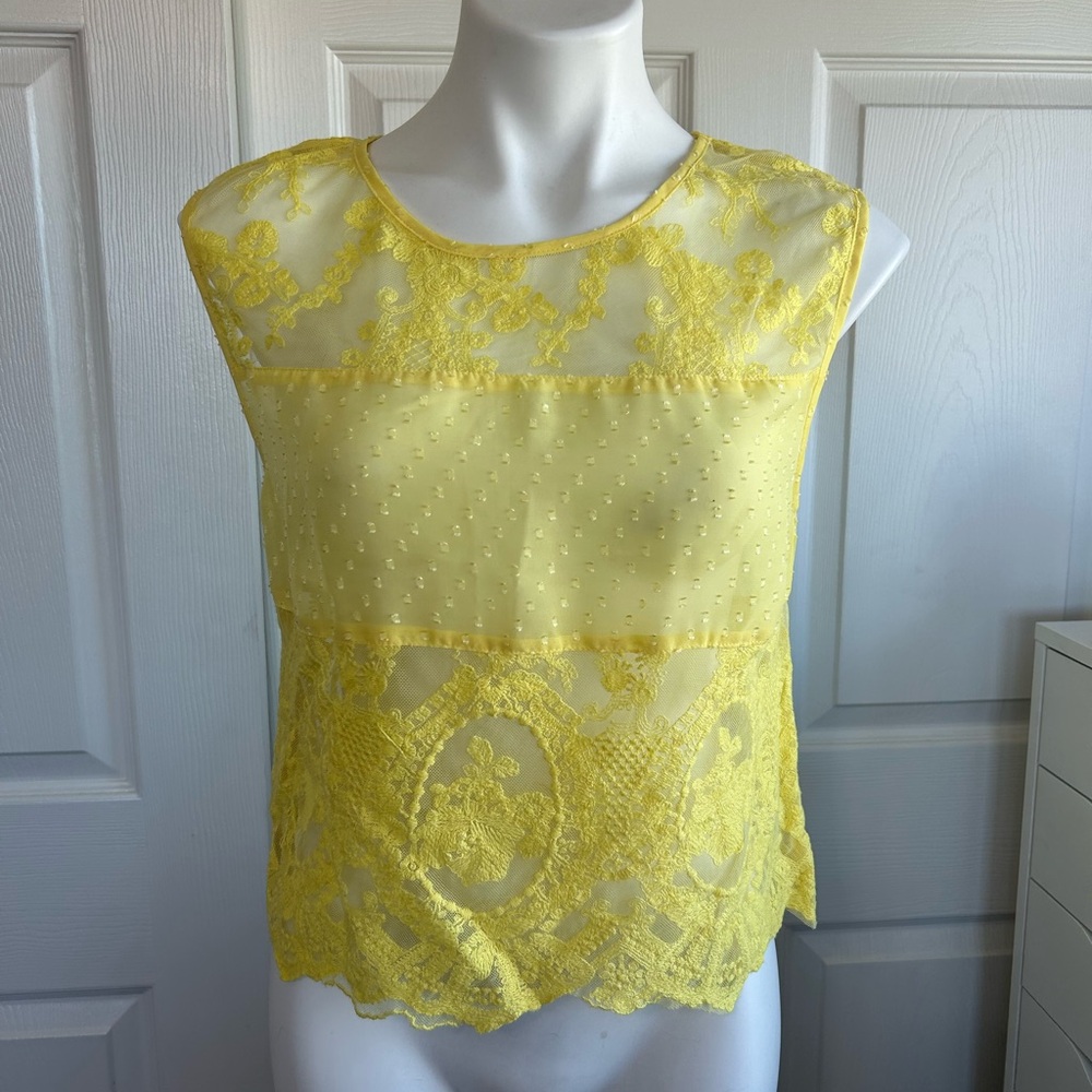 Flying Tomato Yellow Lace Sheer Sleeveless Top